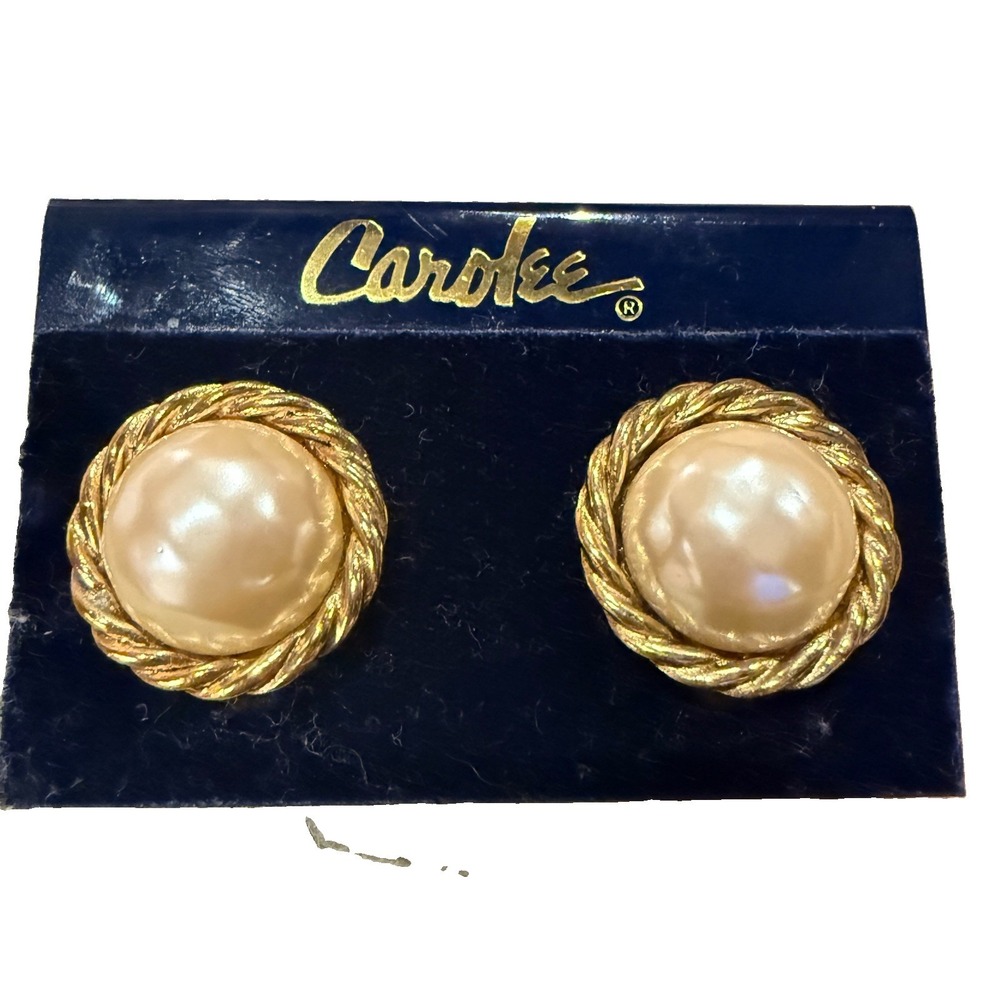 Vintage 1980s Carolee Designer Clip-On Earrings Faux Pearl Gold Tone Rope Signed